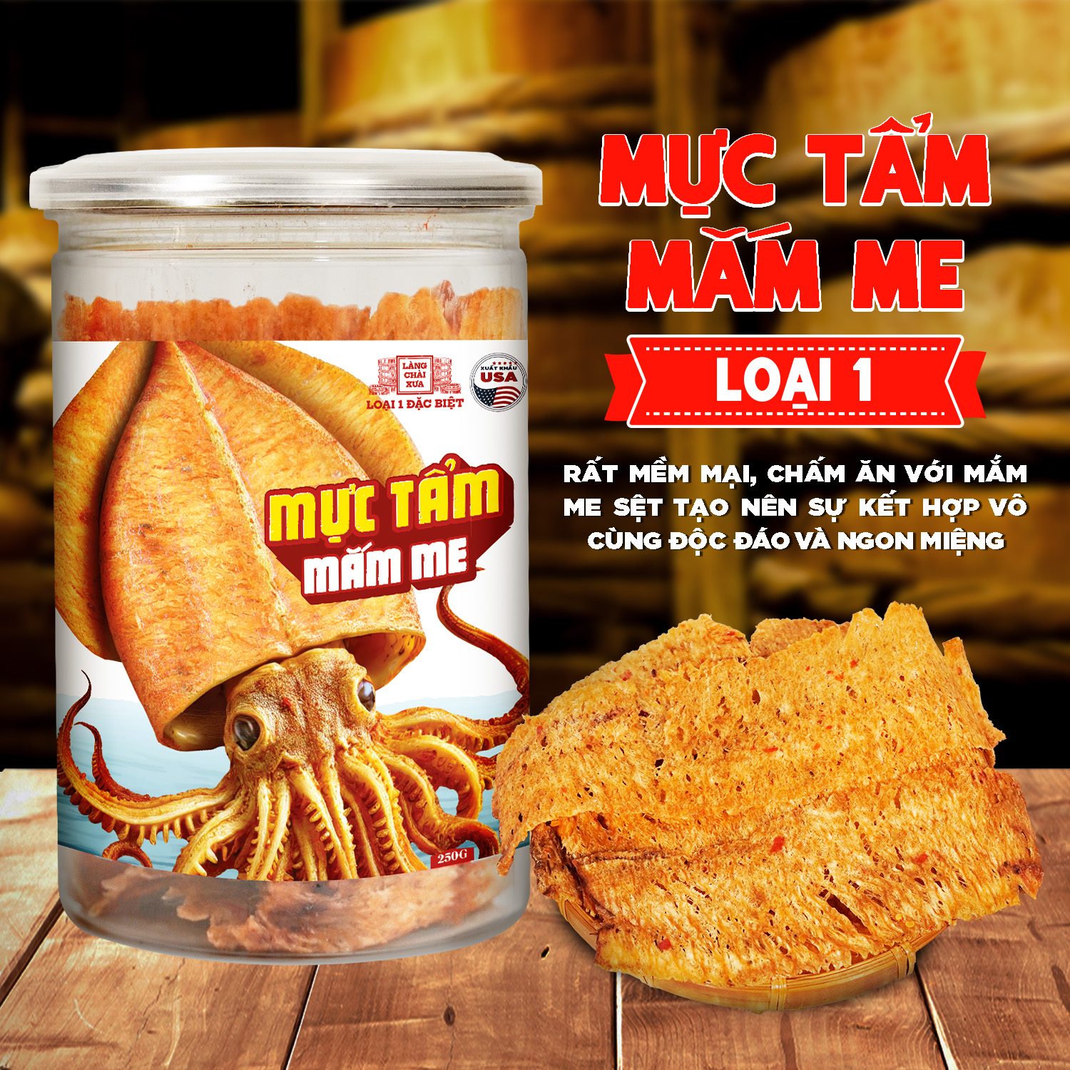 Mực tẩm mắm me Làng Chài Xưa loại 1 đặc biệt thơm ngon mềm mại 300 năm truyền thống hủ 250g